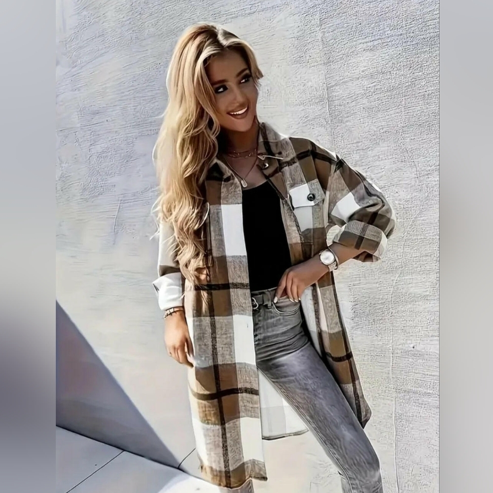 NWT Briwn Plaid Long Plaid Shirt Jacket